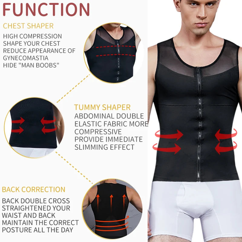 Mens Body Shaper Abdomen Slimming Shapewear Belly Shaping Corset Top Gynecomastia Compression Shirts WIth Zipper Waist Trainer