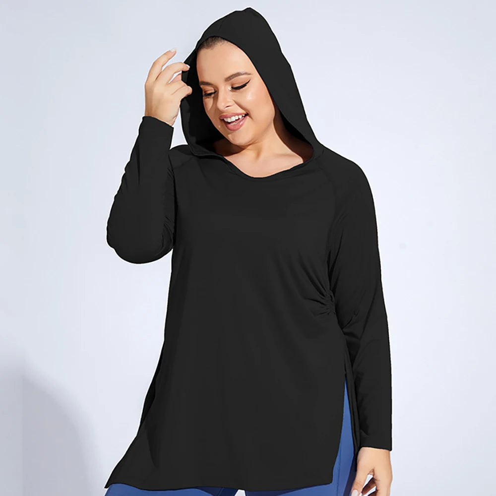 4XL Plus Size Women Loose Fitness Hooded Long Sleeve Quick Dry Sports Top Drawstring Yoga Wear Comfort Running Sportwear