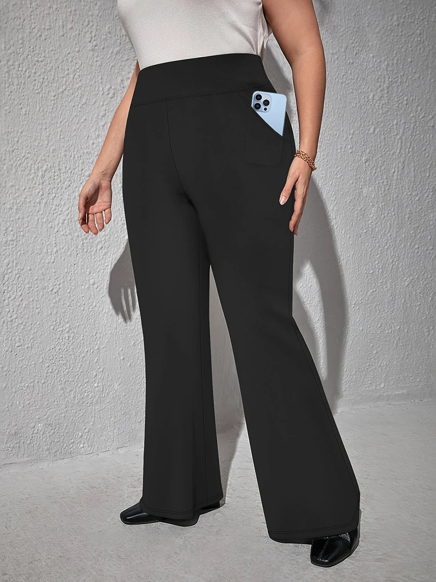 Women Plus Size High Waist Wide Leg Palazzo Pants Solid Color Elastic Waist Flare Trousers Yoga Sweatpants for Spring Fall