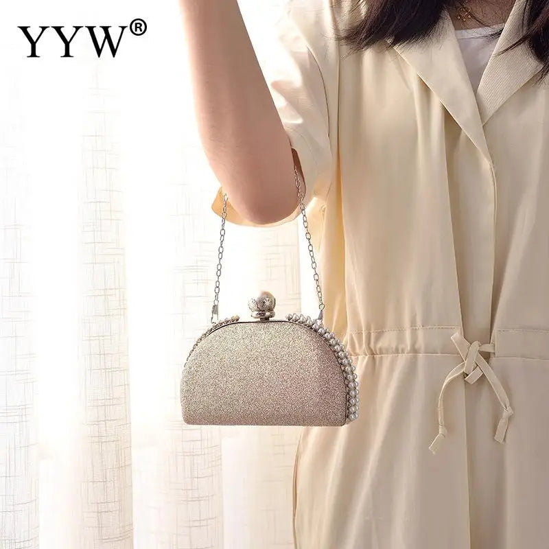 Mini Sequins Shell Shaped Evening Handbag Women Wedding Party Clutch Bags with Pearl Diamond Matte Shoulder Lady Banquet Purses