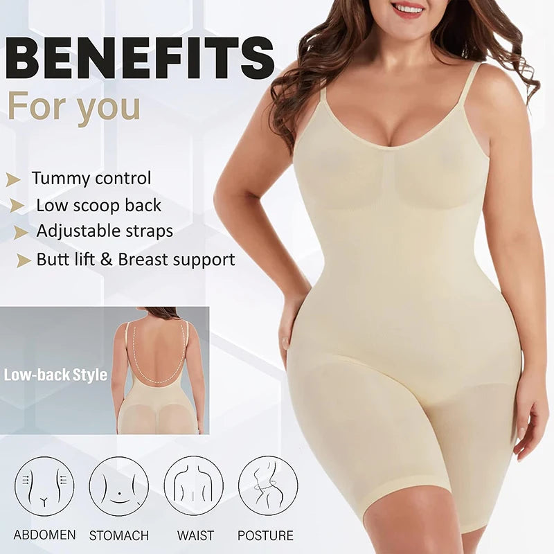 Women Shapewear Bodysuit Tummy Control Butt Lifter Open Back Mid Thigh Seamless