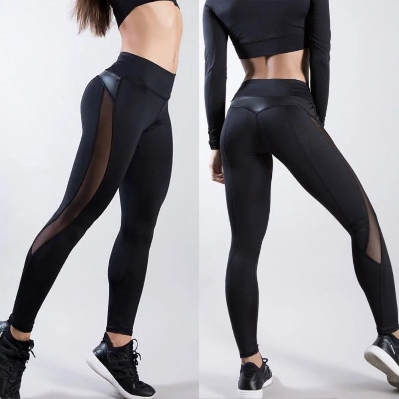 Mesh Leather Patchwork Leggings Women High Waist Bubble Butt Fitness Legging Push Up Black Leggins Slim Workout Jeggings Female