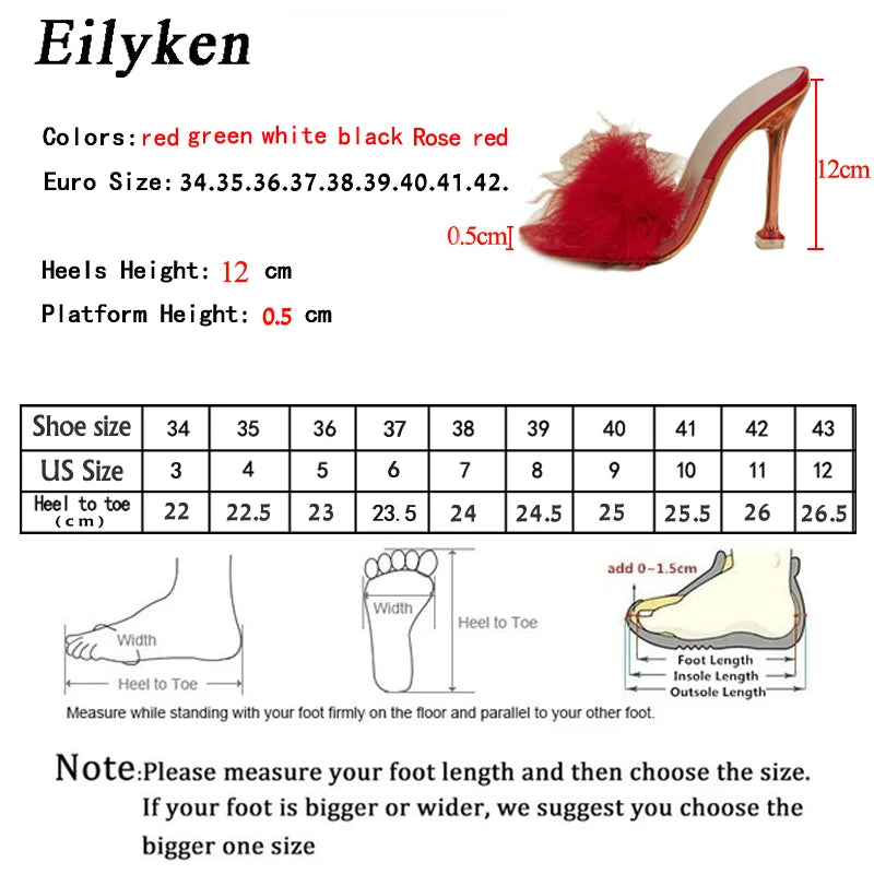 Eilyken 2024 New PVC Shoes Slippers Woman Feather Transparent High Heels Fur Pumps Square toe Mules Lady Slides