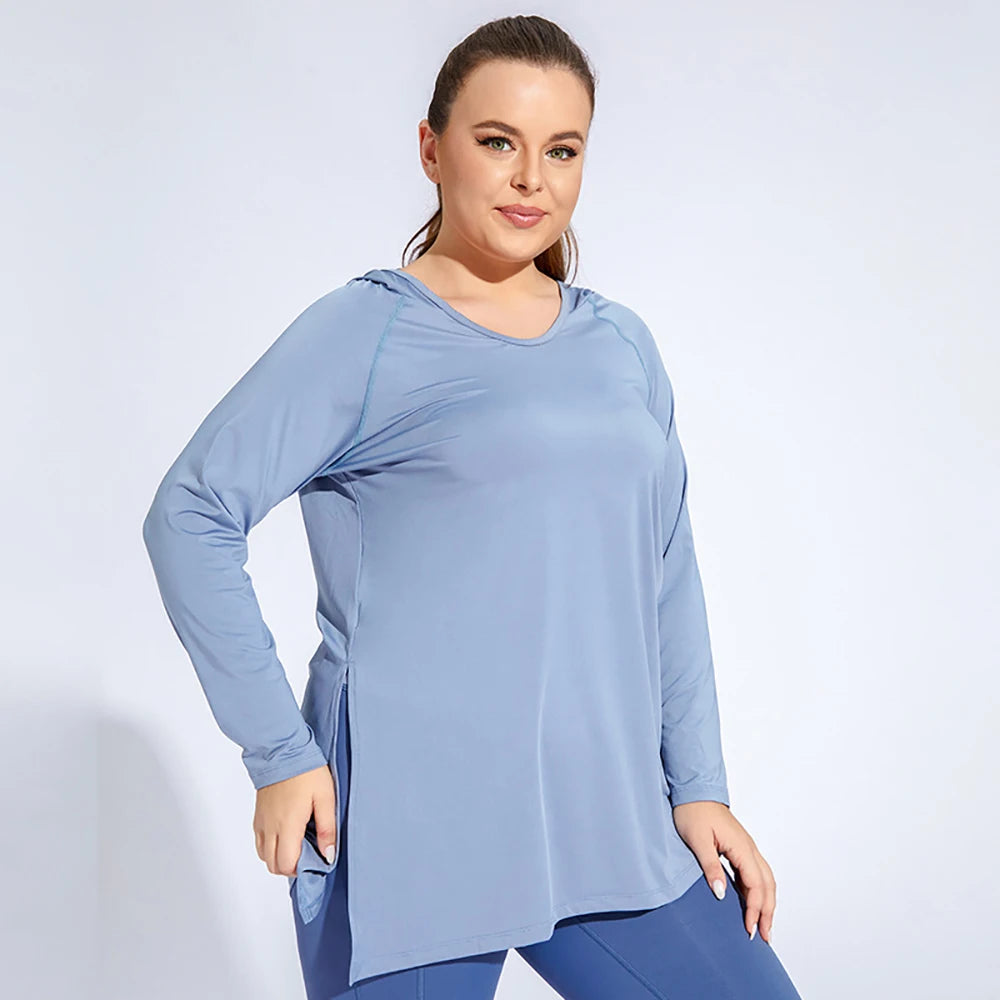 4XL Plus Size Women Loose Fitness Hooded Long Sleeve Quick Dry Sports Top Drawstring Yoga Wear Comfort Running Sportwear