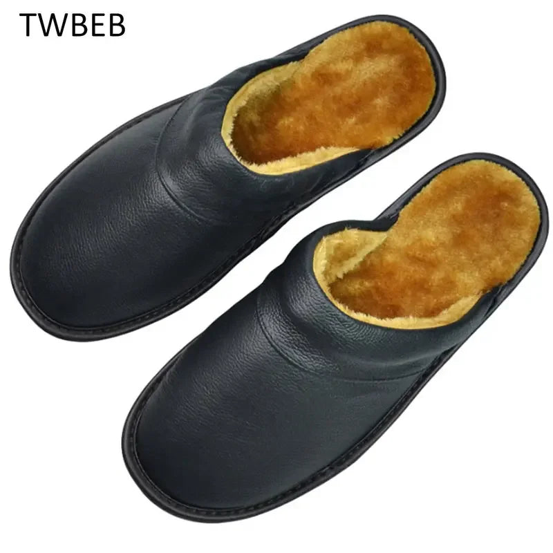 Genuine Cow Leather Slippers Couple Indoor Non-slip Men Women Home Fashion Casual Shoes Fashion PVC Soft Soles Winter