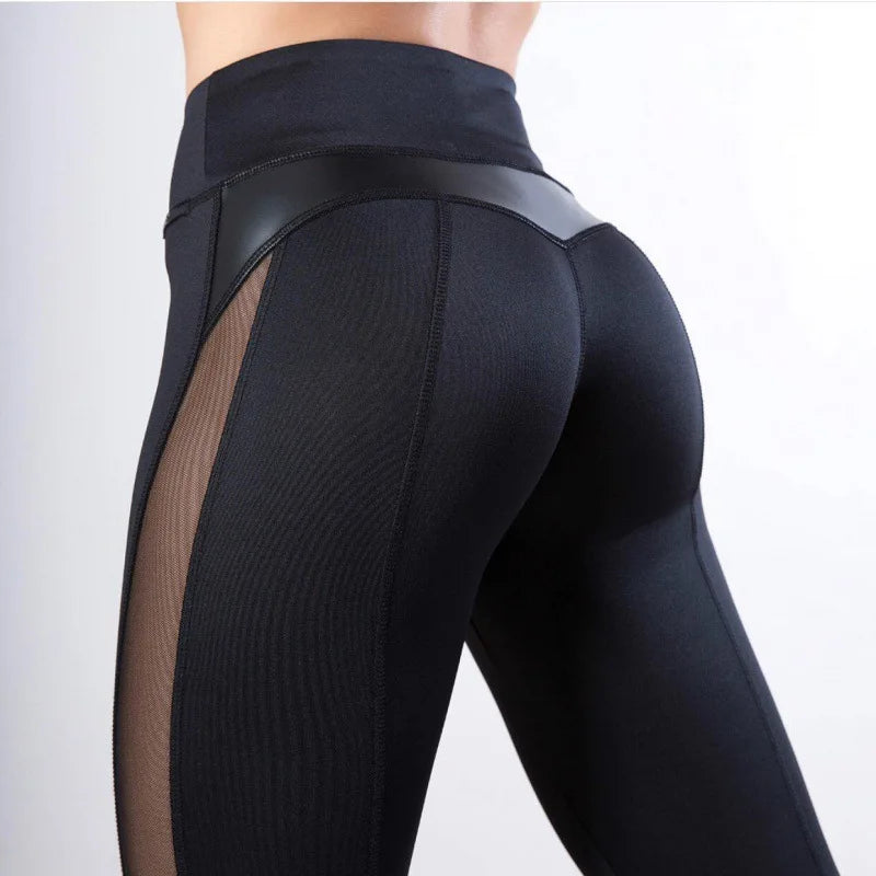 Mesh Leather Patchwork Leggings Women High Waist Bubble Butt Fitness Legging Push Up Black Leggins Slim Workout Jeggings Female