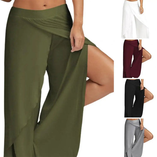 Women Plus Size Wide Leg Pants Loose Fitness Dance Yoga Split Trousers Female Elastic Waist Casual Workout Solid Summer Clothing