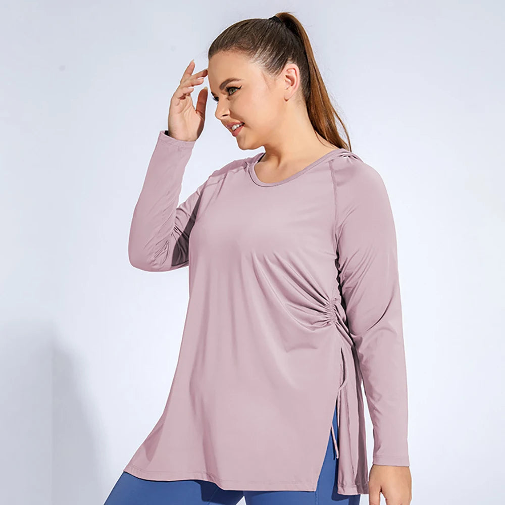 4XL Plus Size Women Loose Fitness Hooded Long Sleeve Quick Dry Sports Top Drawstring Yoga Wear Comfort Running Sportwear