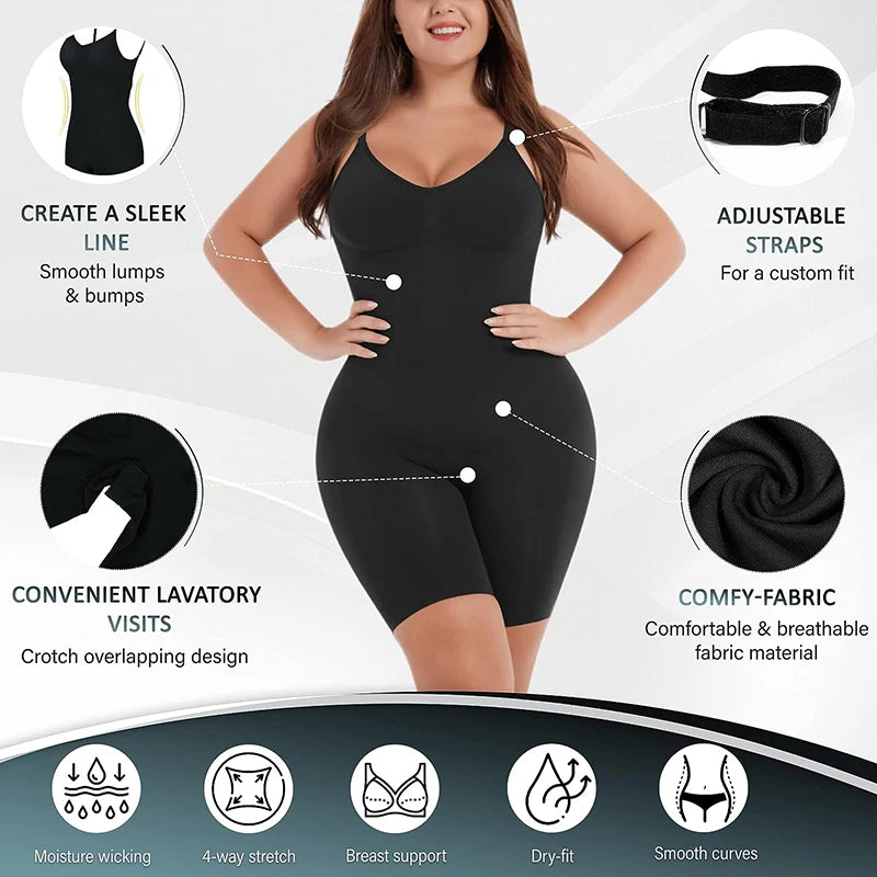 Women Shapewear Bodysuit Tummy Control Butt Lifter Open Back Mid Thigh Seamless