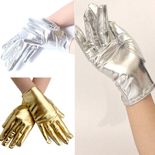 Gold Silver Fake Leather Metallic Gloves Sexy Etiquette Short Gloves Wet Look Evening Party Performance Mittens Hand Wear