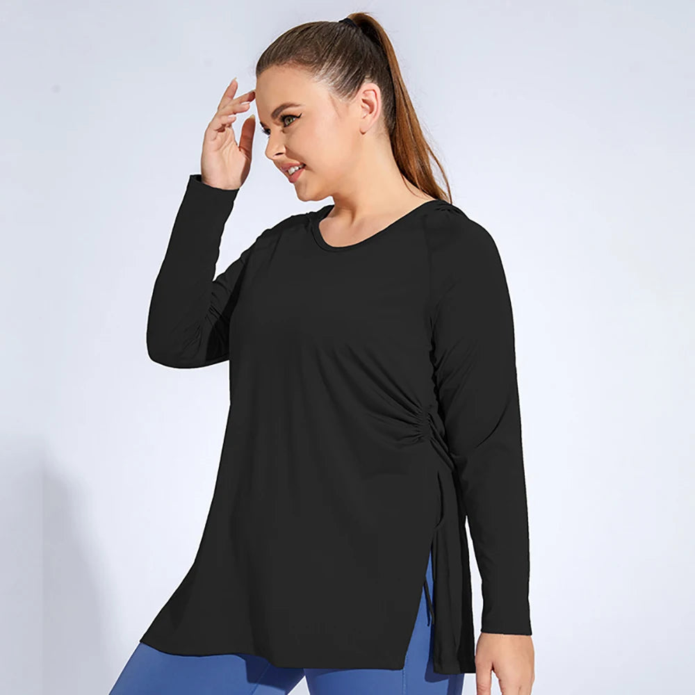 4XL Plus Size Women Loose Fitness Hooded Long Sleeve Quick Dry Sports Top Drawstring Yoga Wear Comfort Running Sportwear