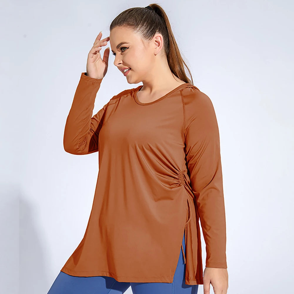 4XL Plus Size Women Loose Fitness Hooded Long Sleeve Quick Dry Sports Top Drawstring Yoga Wear Comfort Running Sportwear