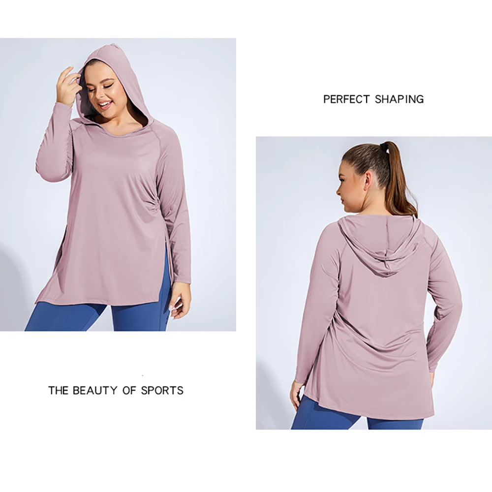 4XL Plus Size Women Loose Fitness Hooded Long Sleeve Quick Dry Sports Top Drawstring Yoga Wear Comfort Running Sportwear