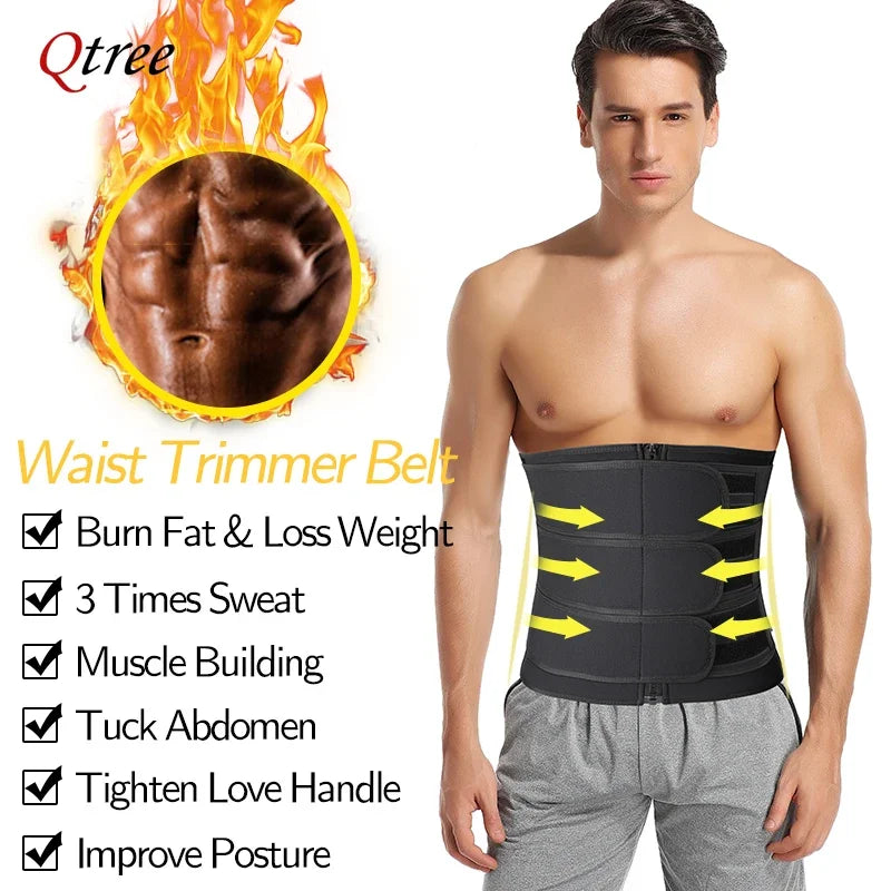 Qtree Men Neoprene Body Shaper Sauna Workout Waist Trainer Trimmer Belt for Weight Loss Sweat Belly Slimming Corset Shapewear