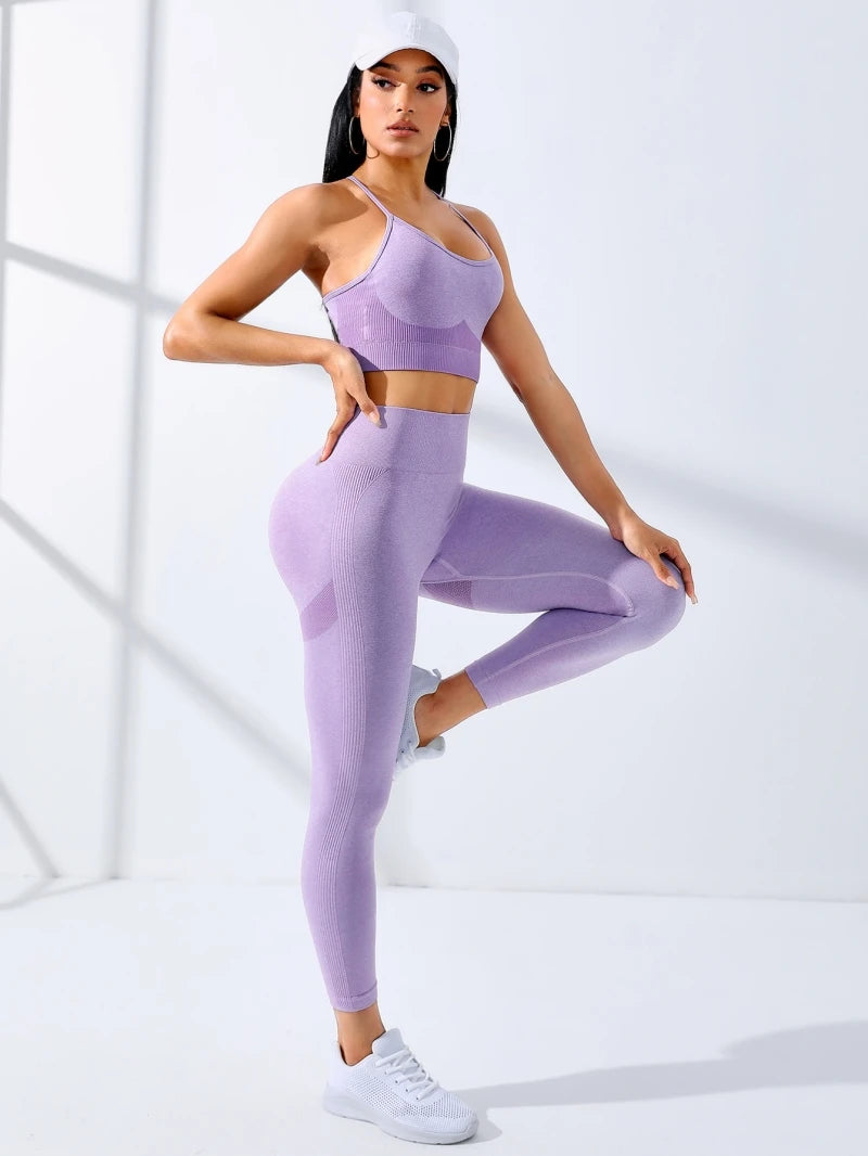 Women Yoga Set 2/Pcs Seamless Workout Outfits Yoga Sportswear Tracksuit Leggings And Thin Shoulder Strap Stretch Sports Bra Fitn