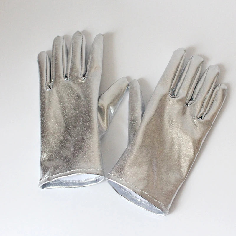 Gold Silver Fake Leather Metallic Gloves Sexy Etiquette Short Gloves Wet Look Evening Party Performance Mittens Hand Wear