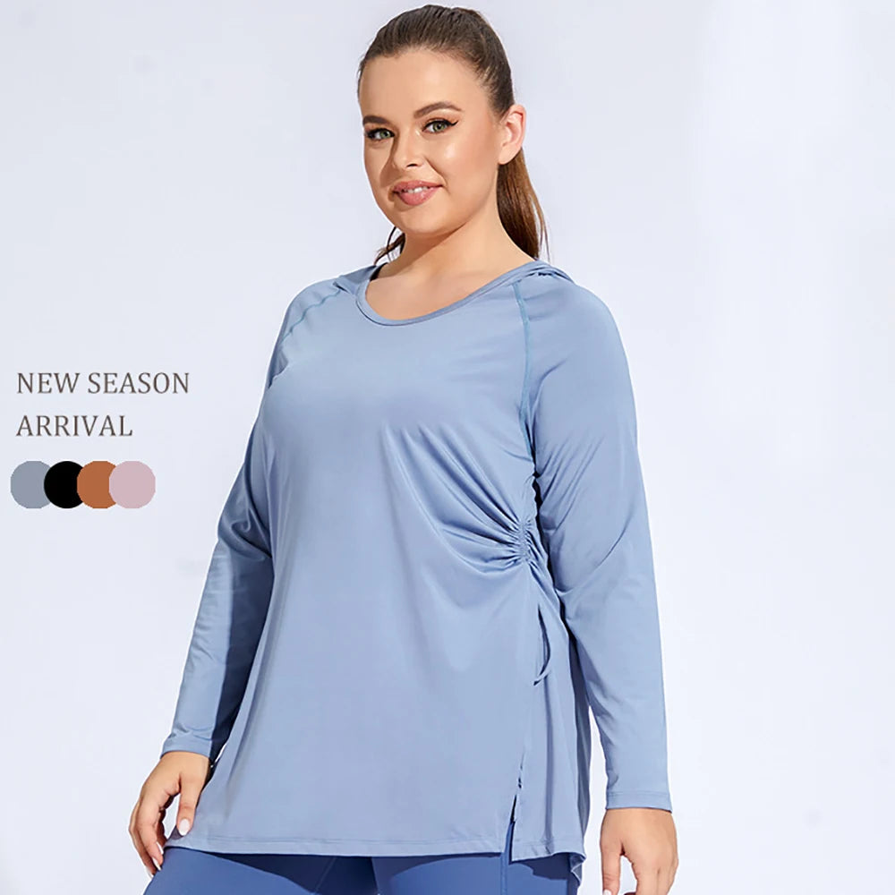 4XL Plus Size Women Loose Fitness Hooded Long Sleeve Quick Dry Sports Top Drawstring Yoga Wear Comfort Running Sportwear