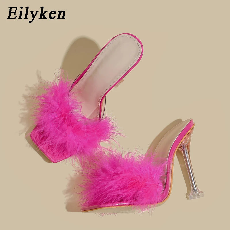 Eilyken 2024 New PVC Shoes Slippers Woman Feather Transparent High Heels Fur Pumps Square toe Mules Lady Slides