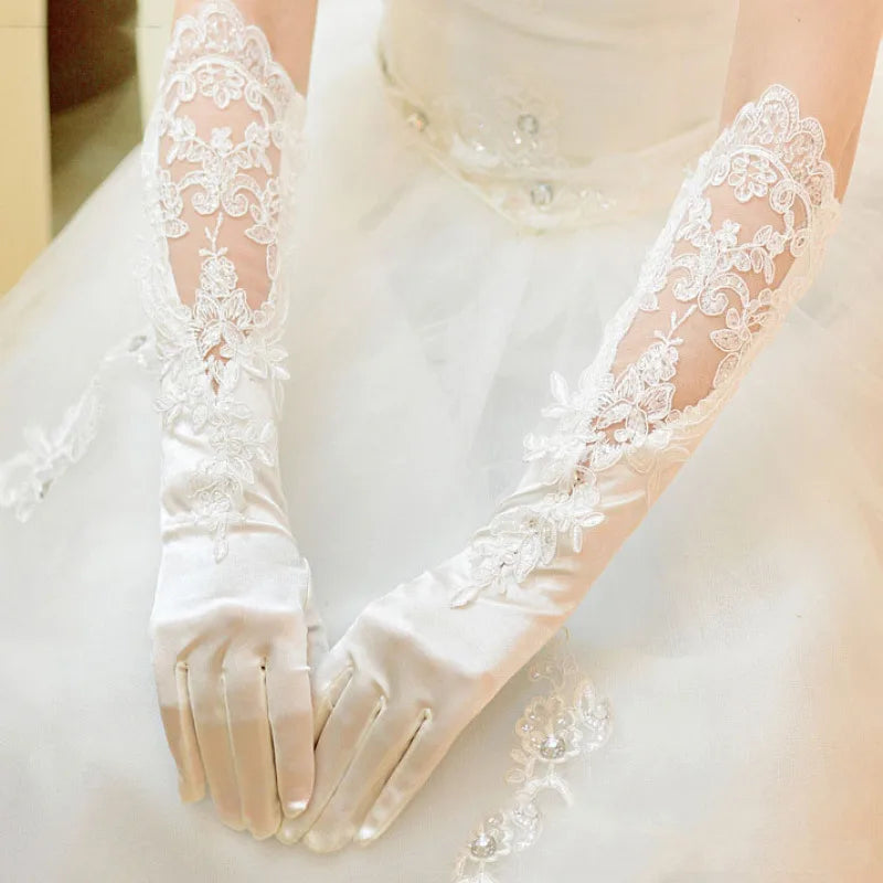 Women Satin Smooth Long Lace Flower Embroidery Hollow Banquet Wedding Bride Gloves Opera Elegant Evening Dress Accessories