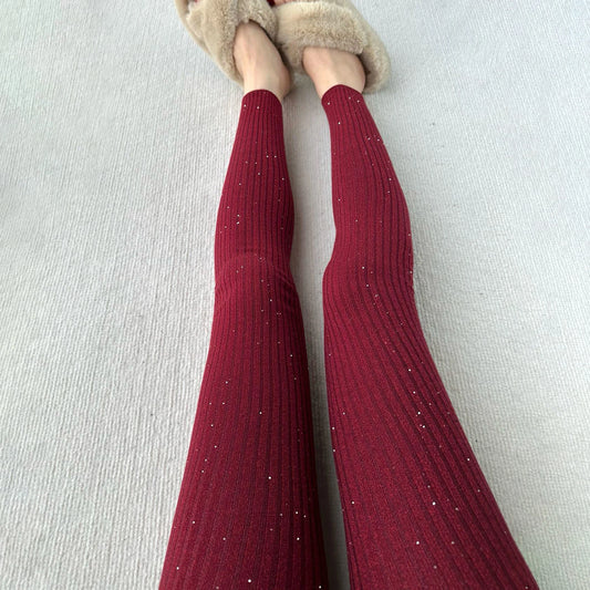 5 Colors Women Autumn Knit Leggin Shiny Bingbing Small Sequined leggings Ankola Burgundy Trousers Solid Tight Pants Outside