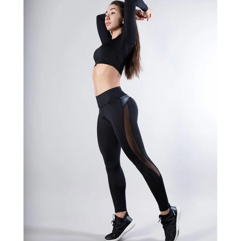 Mesh Leather Patchwork Leggings Women High Waist Bubble Butt Fitness Legging Push Up Black Leggins Slim Workout Jeggings Female