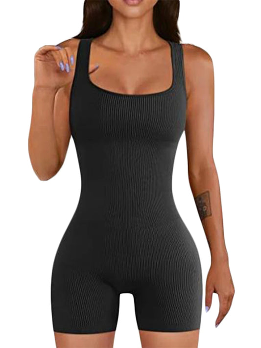 The Shapewear Rompers Built Wrapped Sleeveless Square Neck Solid Color Tummy Control Bodycon Short Jumpsuit