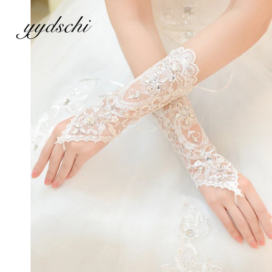 Solid White Romantic Bridal Wedding Gloves Lace Women's Hook Finger Beaded Party Applique Fingerless Short/Long Evening Dress