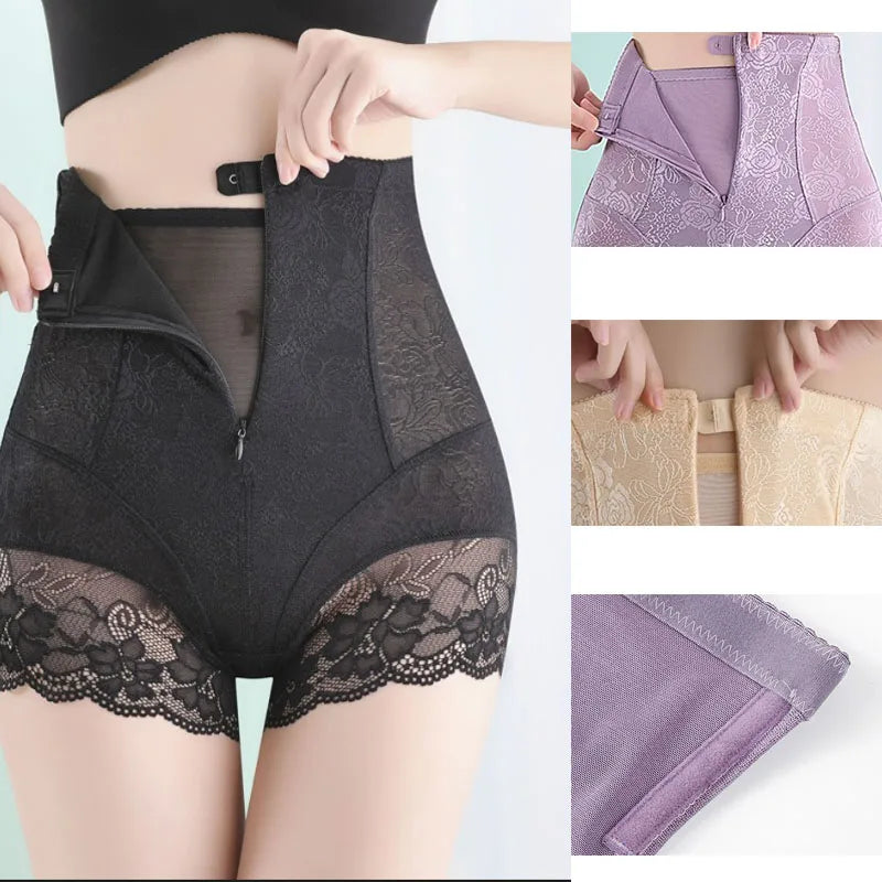 GUUDIA Lace Tummy Control Shapewear Panties with Hook Zipper Closure for Woman High Waist Cincher Shaping Underwear Shaper Panty