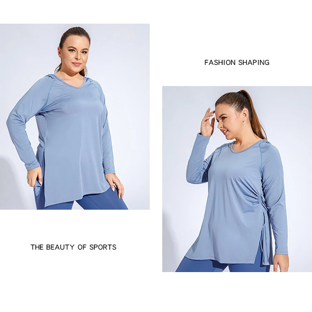 4XL Plus Size Women Loose Fitness Hooded Long Sleeve Quick Dry Sports Top Drawstring Yoga Wear Comfort Running Sportwear