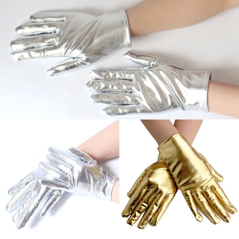 Gold Silver Fake Leather Metallic Gloves Sexy Etiquette Short Gloves Wet Look Evening Party Performance Mittens Hand Wear