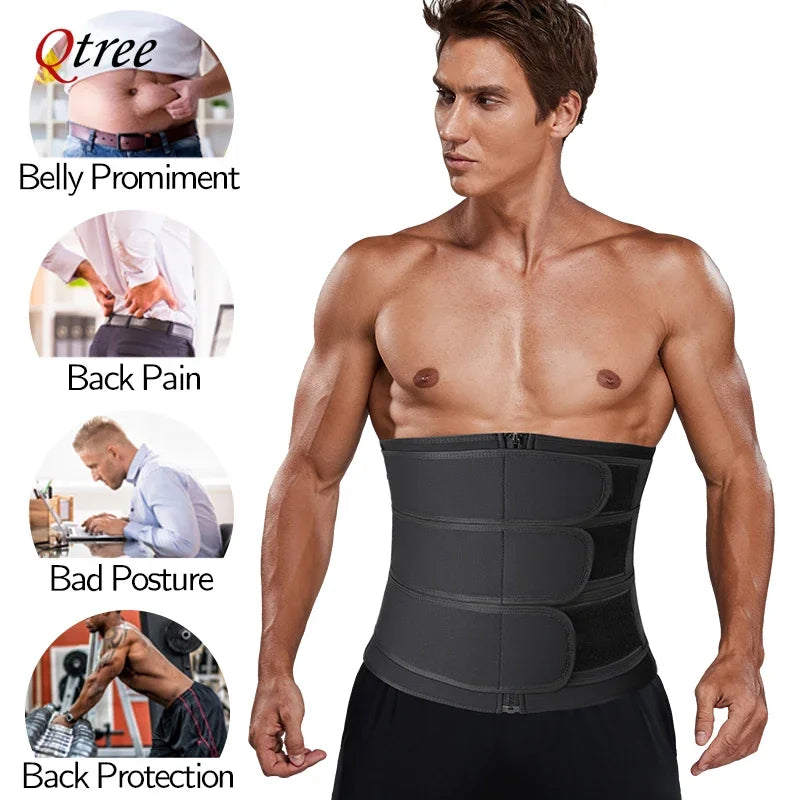 Qtree Men Neoprene Body Shaper Sauna Workout Waist Trainer Trimmer Belt for Weight Loss Sweat Belly Slimming Corset Shapewear