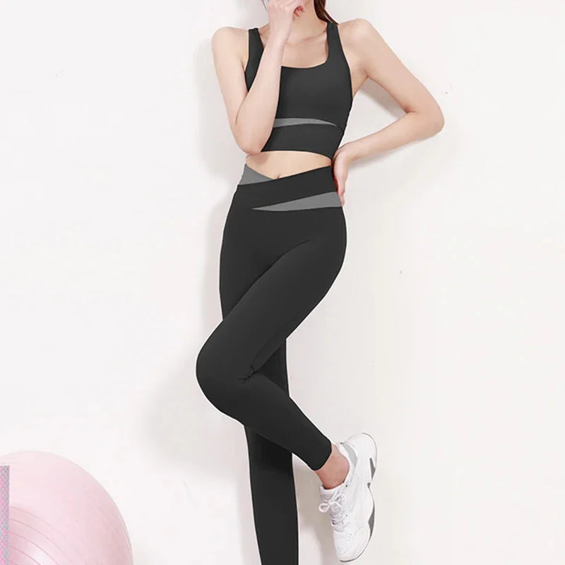 New High Waist Yoga Legging Set Exercise Clothes Short Sleeve Sexy Suit Women Sports Fitness Gym Pant Activewear