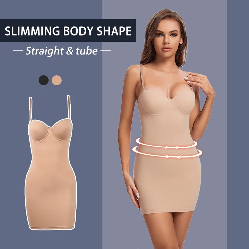 WECHERY Stretch Shaper Dress Women Tube Shapewear Party Control Slip Thigh Length Underwear Sexy Strap Underdress Nude Black