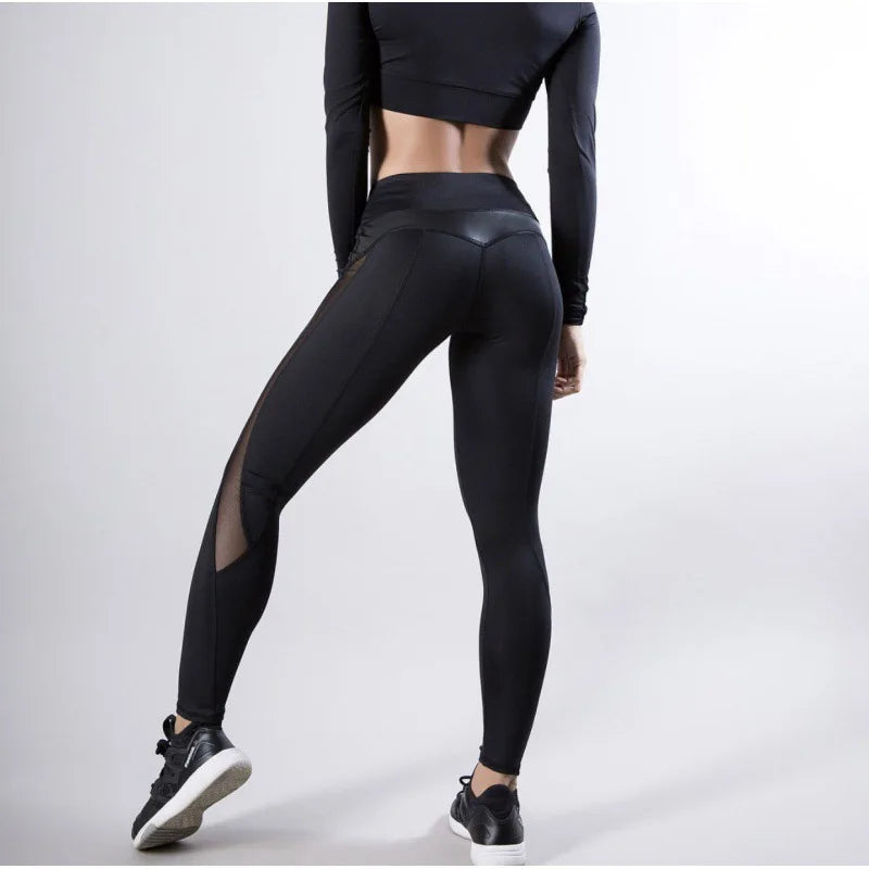 Mesh Leather Patchwork Leggings Women High Waist Bubble Butt Fitness Legging Push Up Black Leggins Slim Workout Jeggings Female