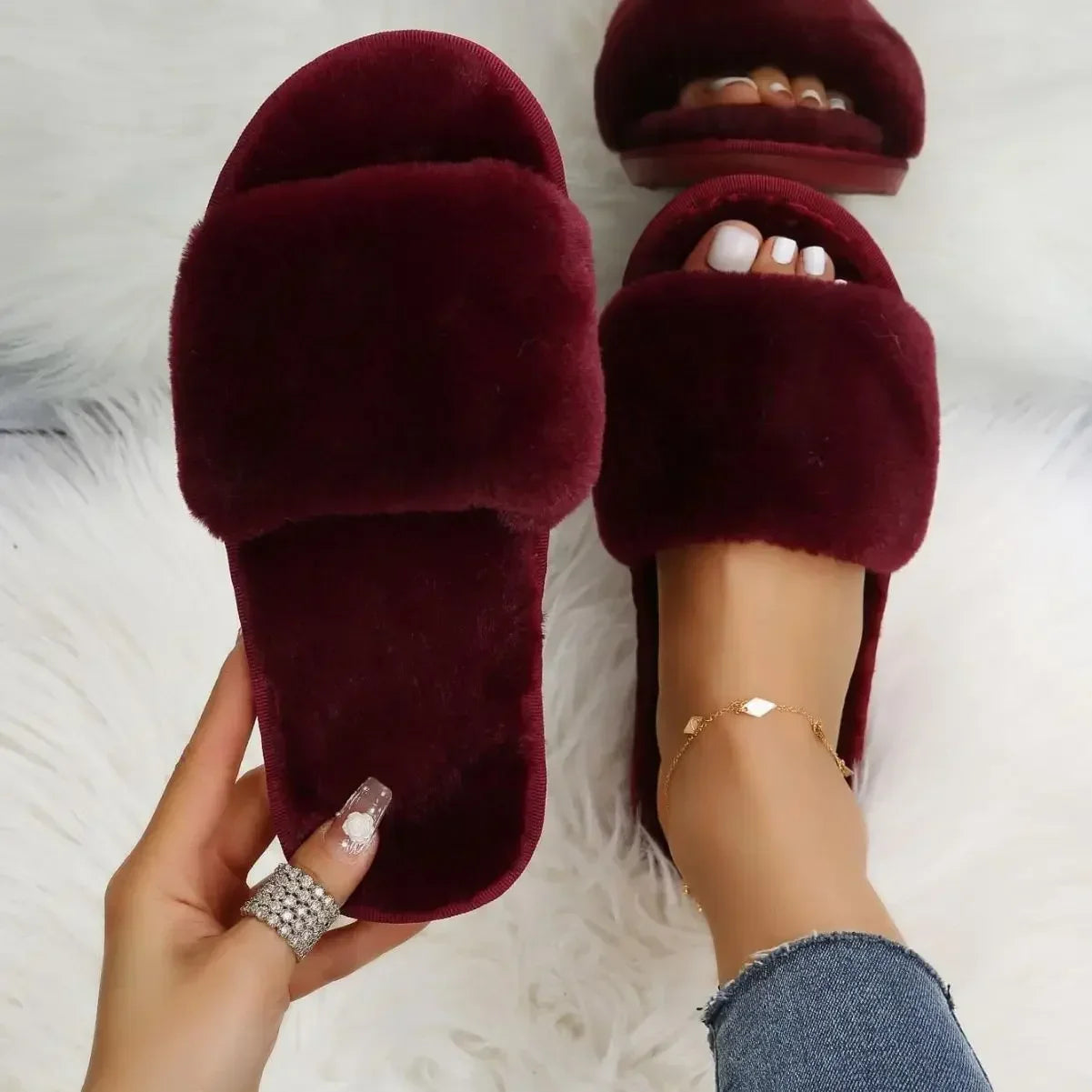 Winter Women Winter House Furry Slippers Non-Slip Casual Indoor Flats