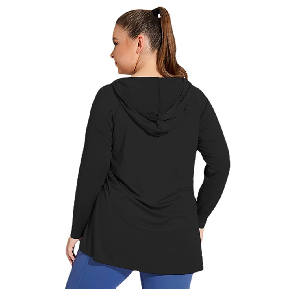 4XL Plus Size Women Loose Fitness Hooded Long Sleeve Quick Dry Sports Top Drawstring Yoga Wear Comfort Running Sportwear