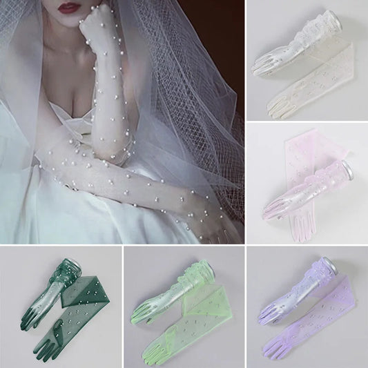 Pearl Mesh Bridal Gloves Long Sheer Pearls Gloves Flapper Gloves Female Long Touchscreen Women Evening Gloves Party Gift 2023