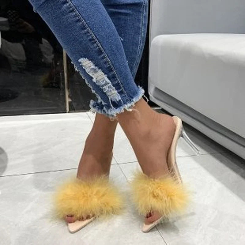 2022 New Summer High-heeled Plus Size Sandals and Slippers Women Fine-heeled Suede Furry Pointed Toe Fashion Women's Shoes