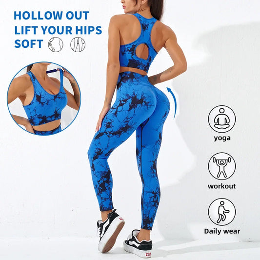 Tie Dye Yoga Suit Exercise Running Fitness High Waist Seamless Sports Gym Yoga Bra Pants Leggings Set Women Workout Tights Set